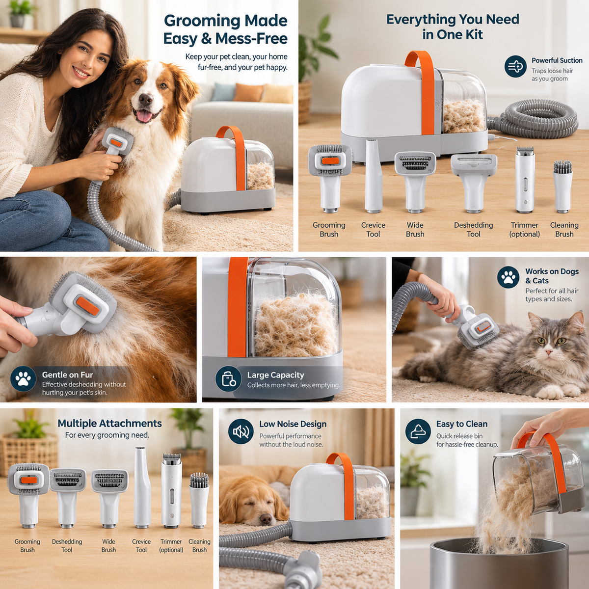 Safe ABS Vacuum Pet Grooming Kit Low Noise Dog Hair Cut Cleaner Clipper Com
